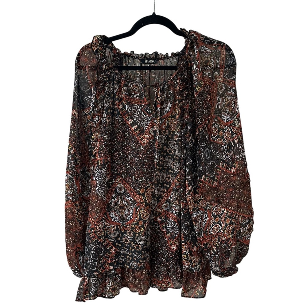 Miss Me Black & Brown Boho Ruffled Blouse with Billowy Sleeves, Size S